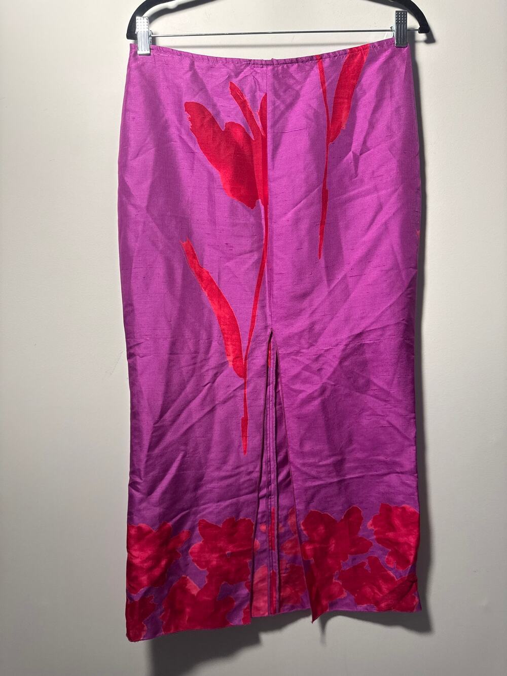 VTG 80s Gigli Silk Midi Skirt Floral Magenta Pink High Waist Mod A-Line 44 Italy